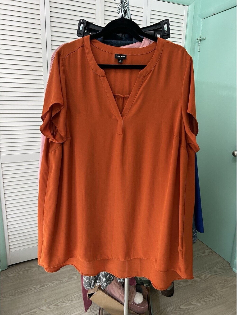 Torrid High Low Hem Tunic Top Size 2 Pumpkin Mustard Short Sleeve Blouse #1